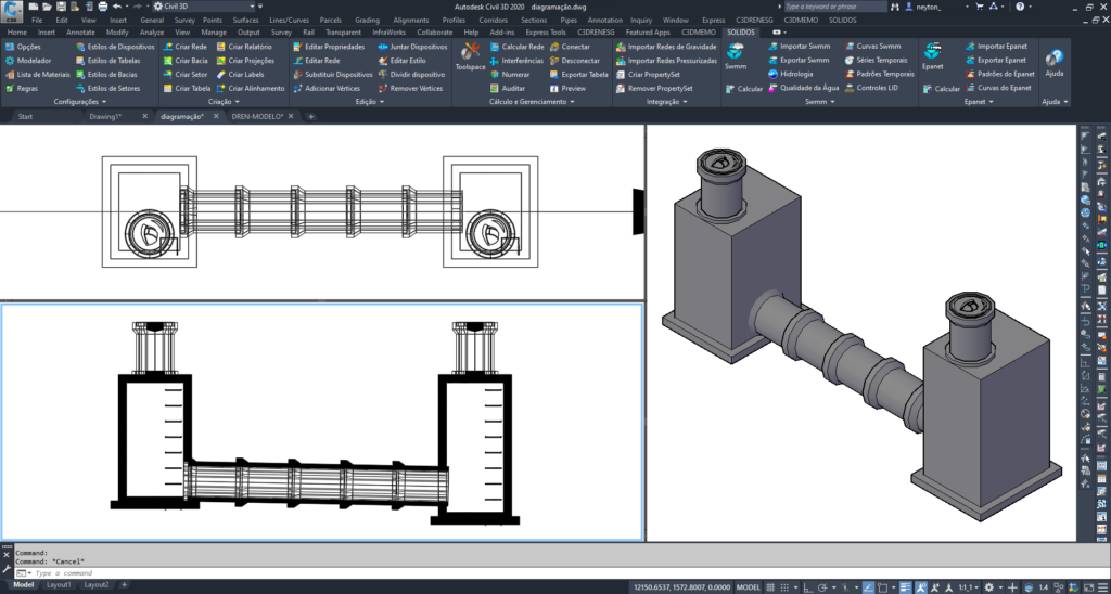 Vista e planta, perfil e modelo 3D do tubo de concreto modelo "Ponta e bolsa", modelado no SOLIDOS (https://tbn2net.com/SOLIDOS)